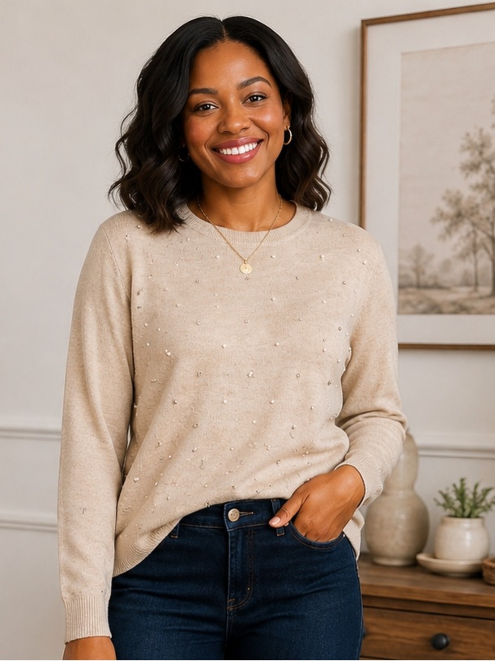 Ann Taylor LOFT Embellished Sweater XL NWT Pearl Rhinestone Wool Blend Beige